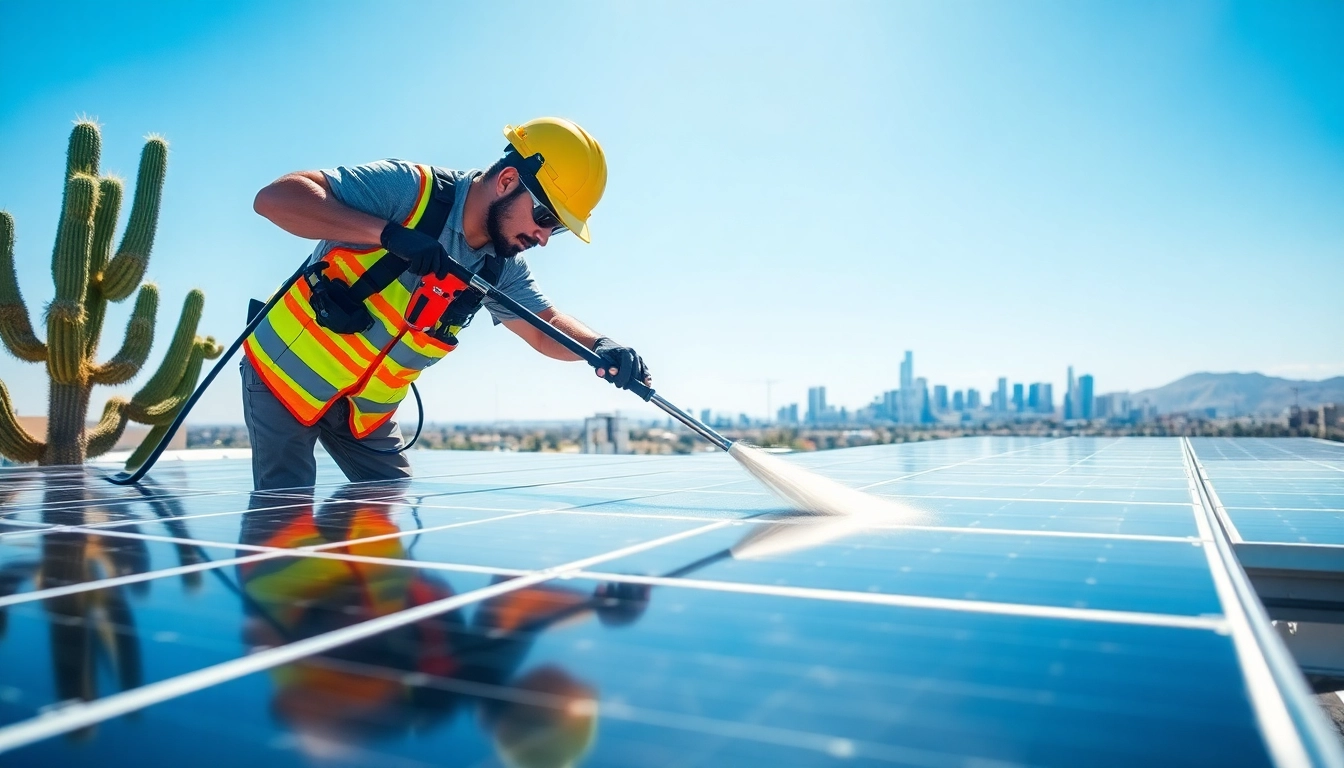 Solar panel cleaning services Phoenix featuring a technician cleaning solar panels on a rooftop in bright sunlight.