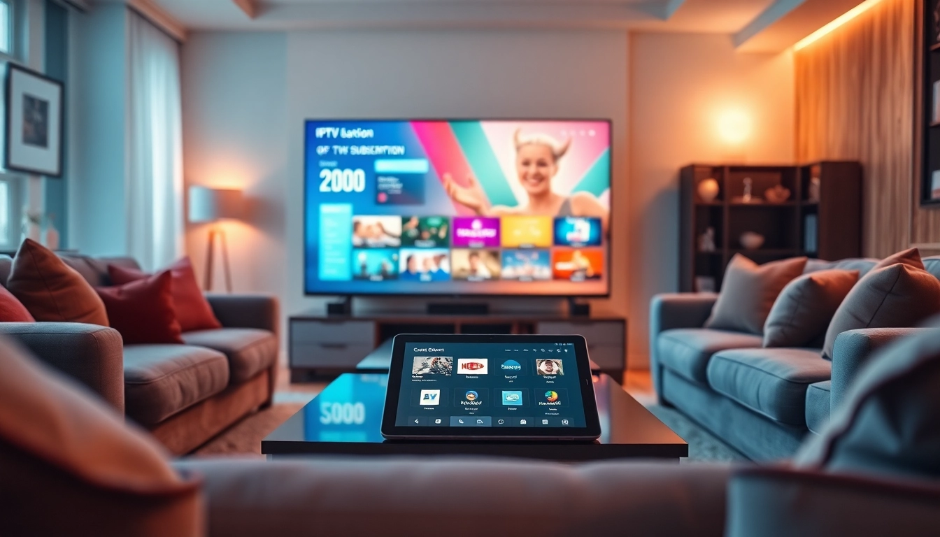 Explore the vibrant IPTV subscription interface in a cozy living room setup.