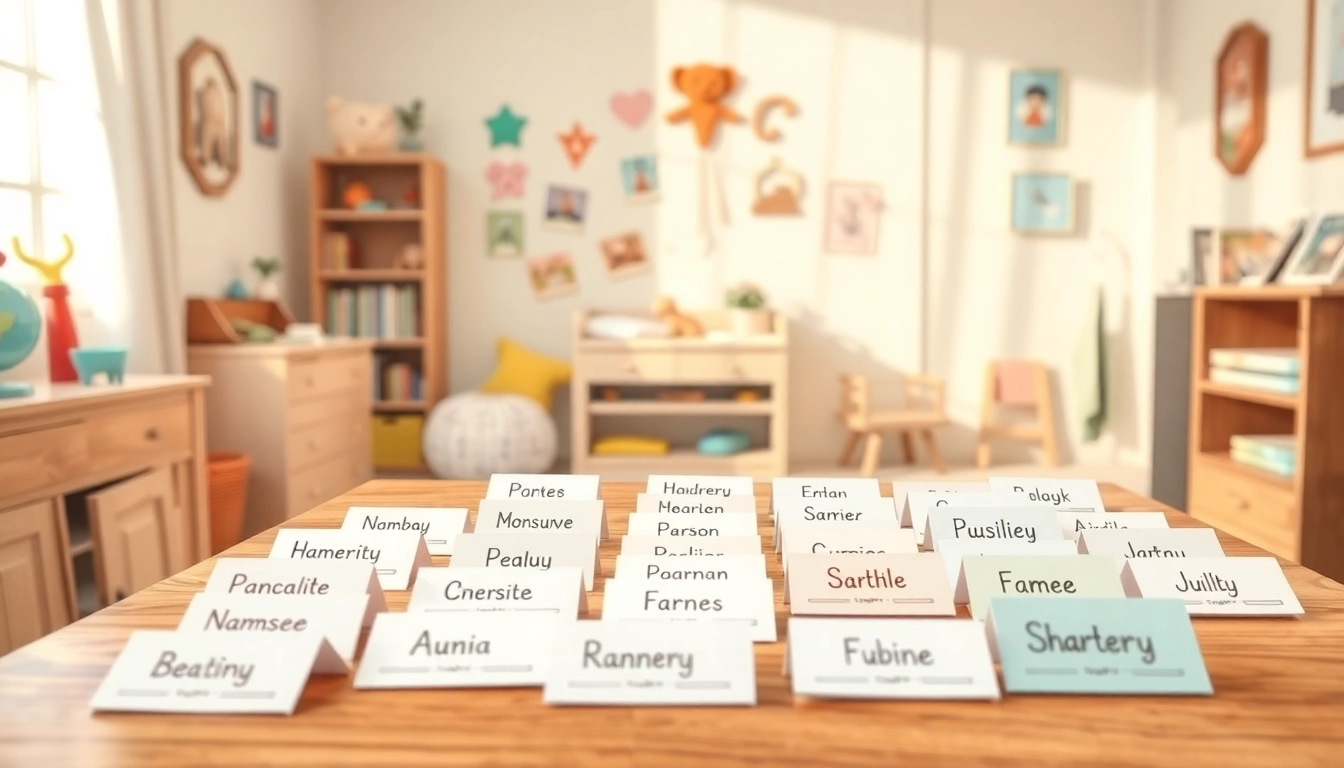 Encontrar Nombres para Niño únicos en una tranquila habitación de bebé con tarjetas de nombres.