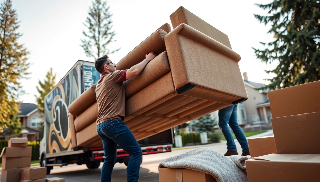 Movers Calgary showcasing professional movers lifting a sofa during a residential move.