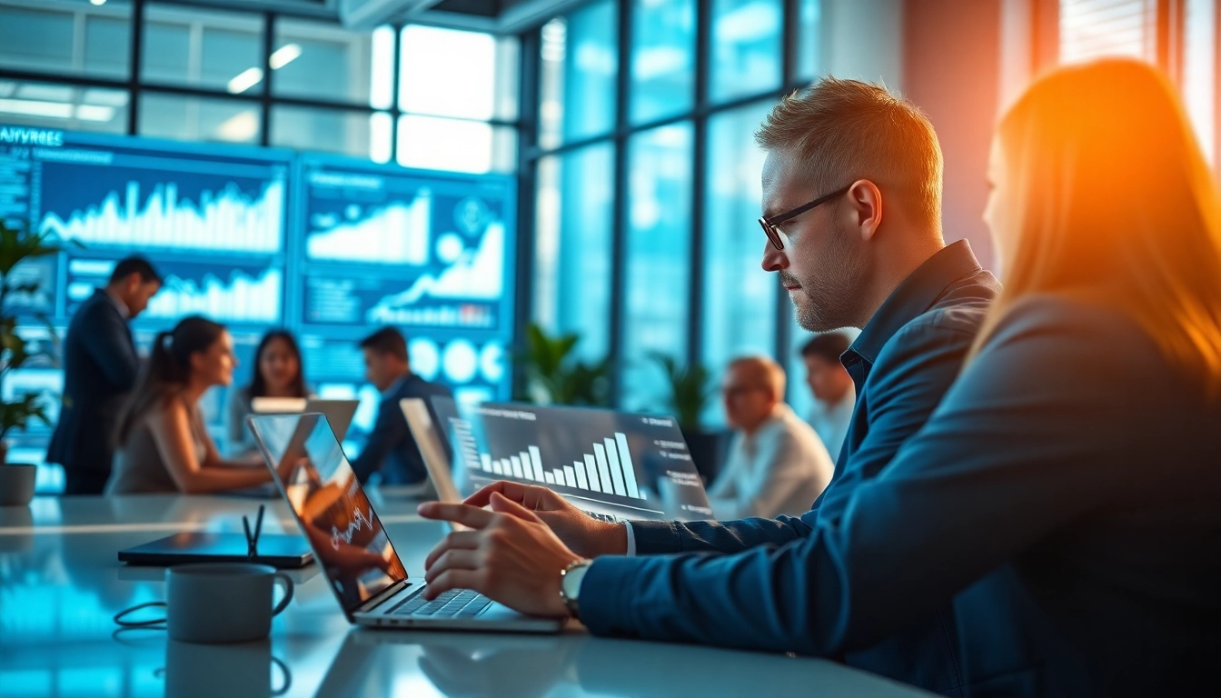 Samenwerking aan data-analyses met Skai marketingoplossingen in een moderne kantooromgeving.