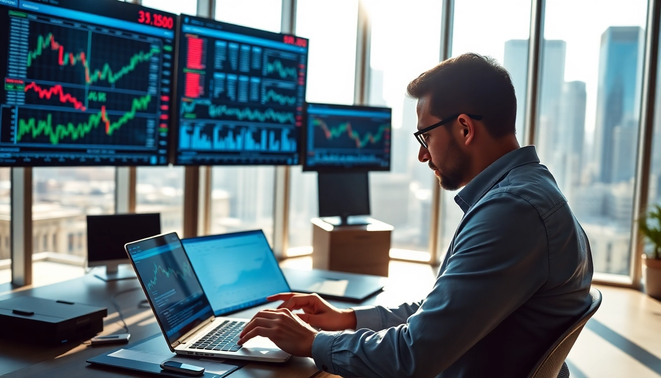 Analyze trading strategies with a focus on a professional trader in a modern office.