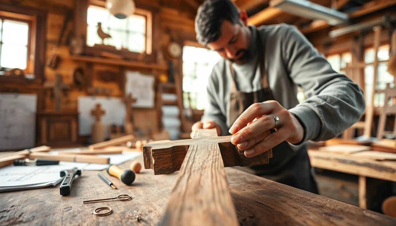 Craftsman sculpting handmade crosses with intricate details and warm tones.