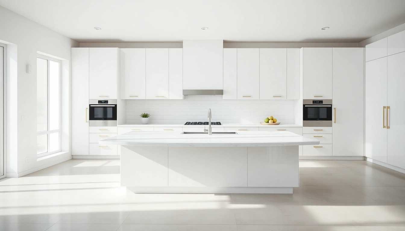 Showcase of contemporary white kitchen cabinets in a modern kitchen with elegant design.