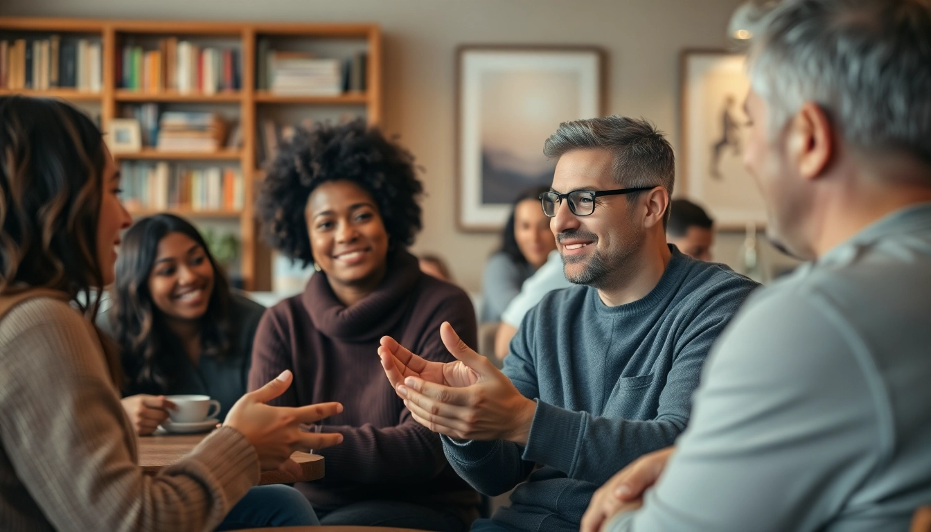 Engaging conversation about communication in relationships among diverse individuals in a cozy café setting.