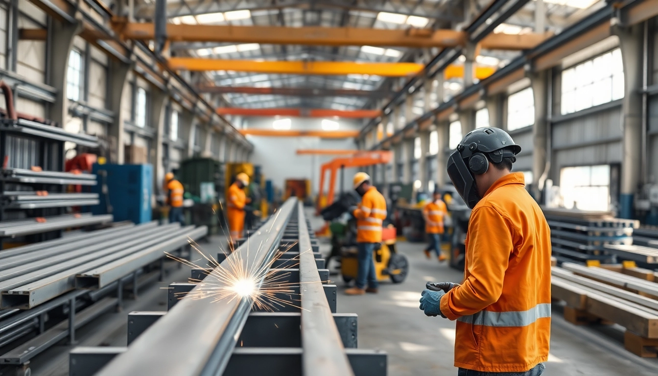 Workers in a steel fabrication shop showcasing precision welding techniques and modern machinery.