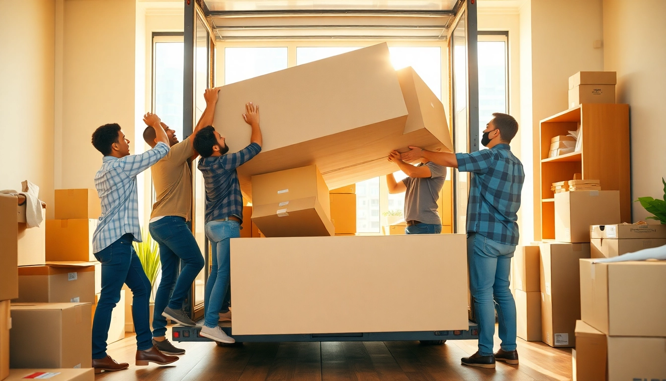 Movers providing efficient moving services in Toronto, lifting furniture into a truck amid urban surroundings.