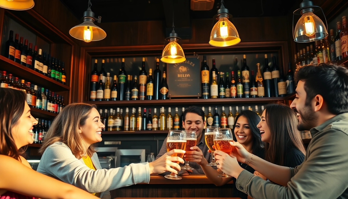 Enjoy friends celebrating with beer and wine near me in a cozy pub atmosphere.